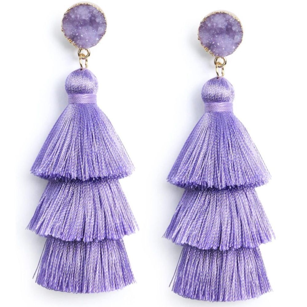 14K Yellow Gold with Lavender Silk Thread Tassel and Quartz Druzy Post Earrings